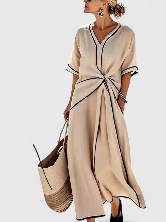 Women's Striped Summer Dress - Lightweight Elegance - Beige