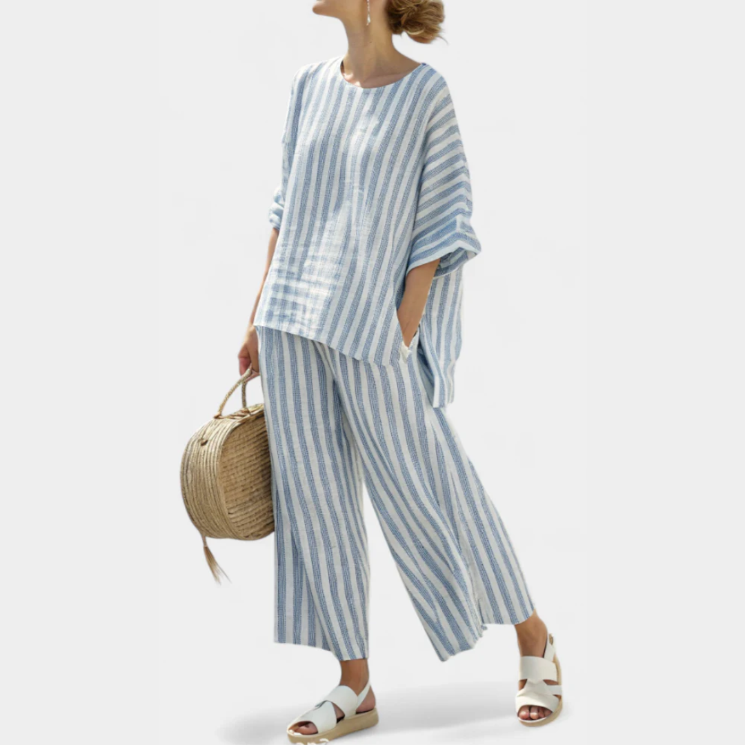 Women's Striped Two-Piece Pants Set - Relaxed Summer Style - Blue Striped