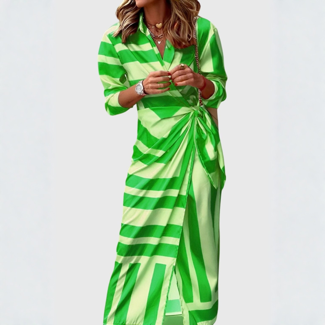 Women's Striped Wrap Midi Dress - Lightweight Summer Style - Green