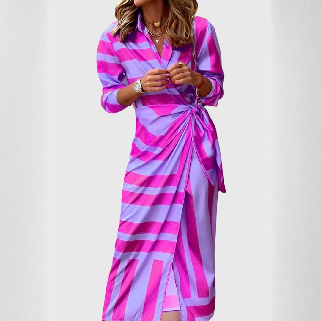 Women's Striped Wrap Midi Dress - Lightweight Summer Style - Purple