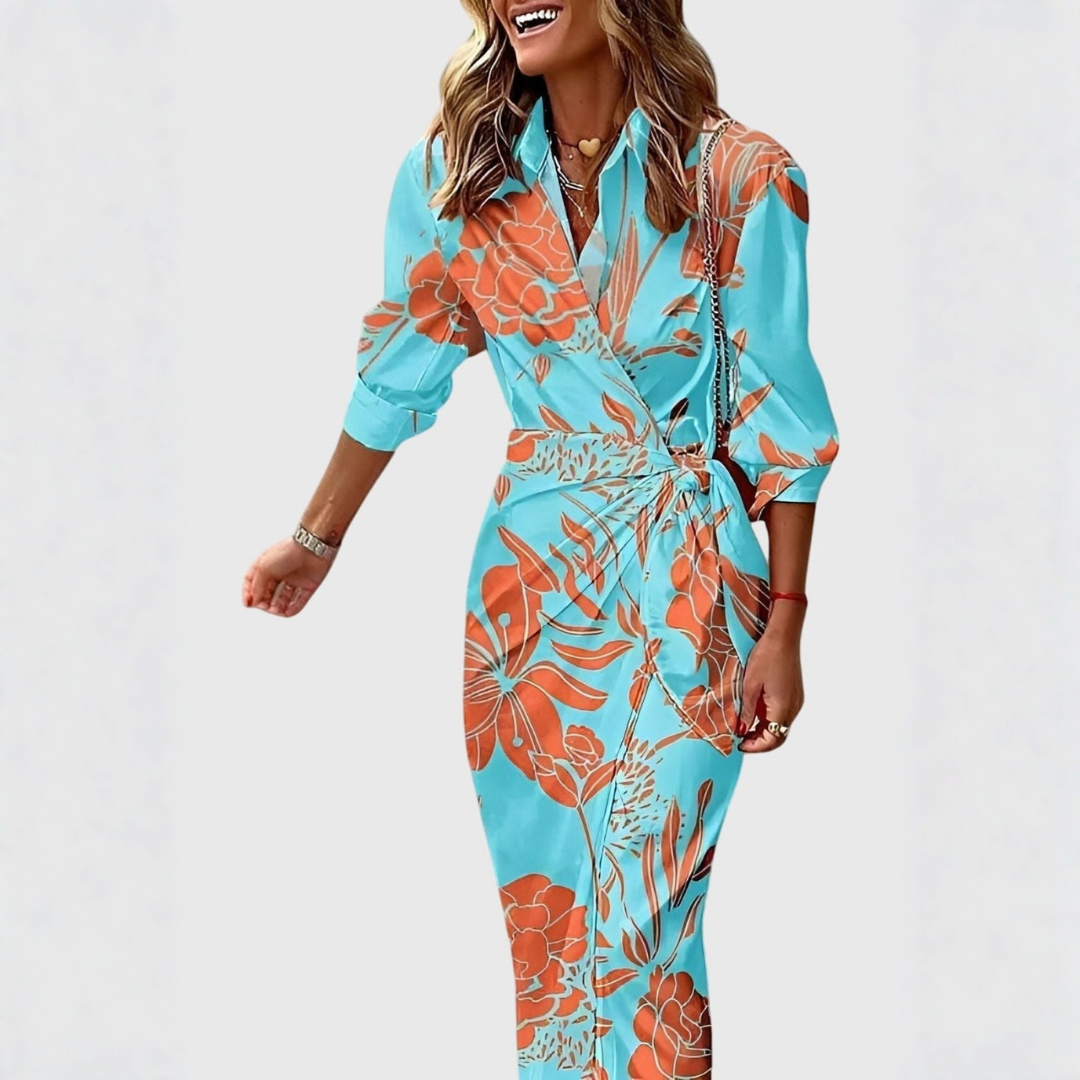 Women's Striped Wrap Midi Dress - Lightweight Summer Style - Turquoise