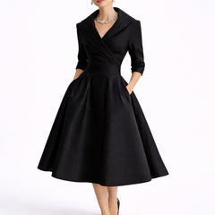 Women's Structured A-Line Midi Dress - Fall Wedding Guest - Black