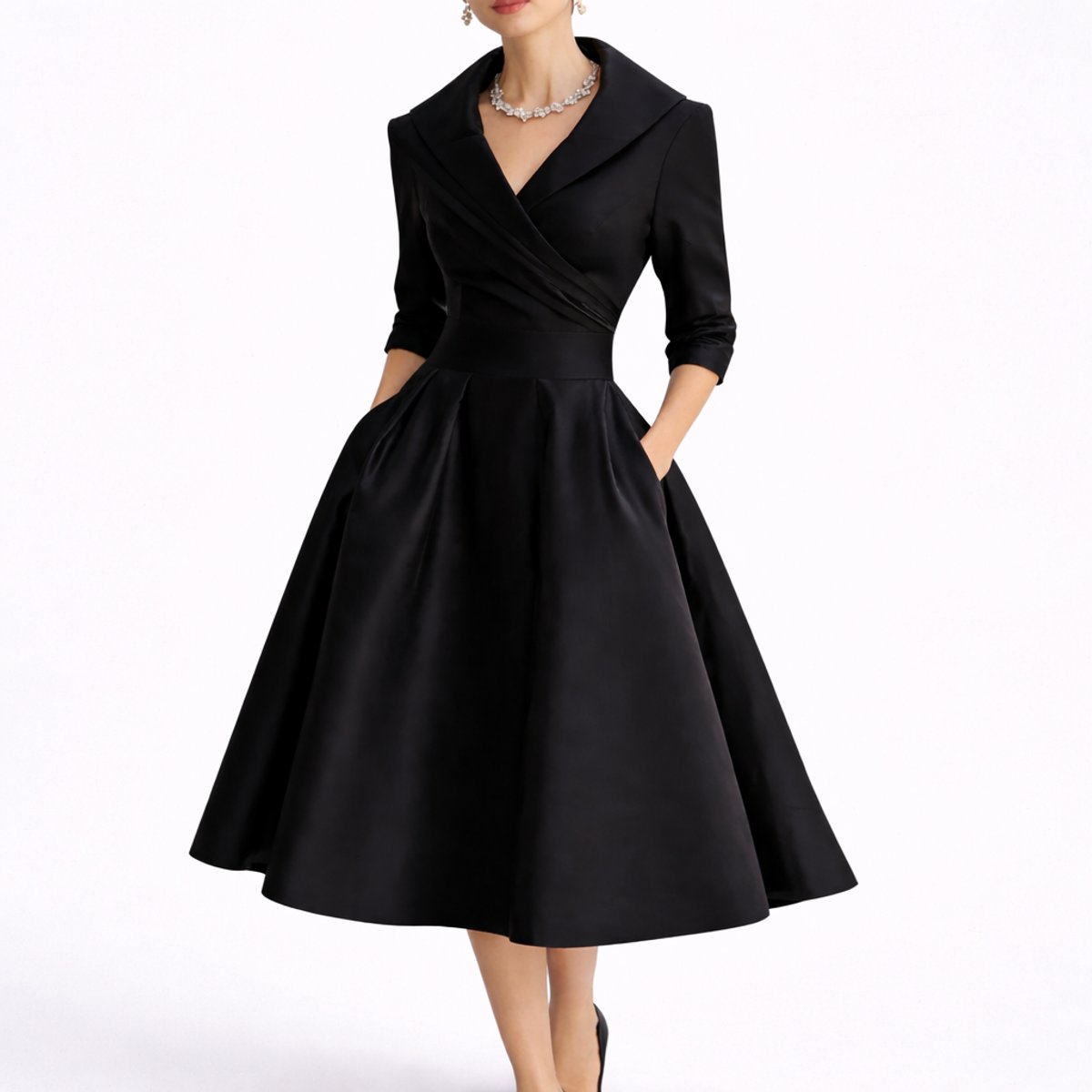 Women's Structured A-Line Midi Dress - Fall Wedding Guest - Black