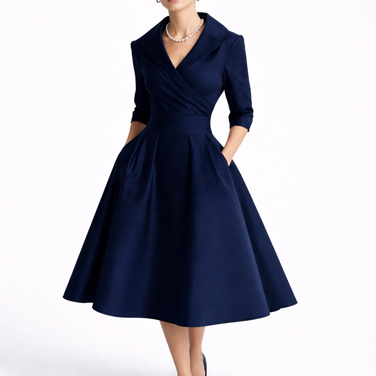 Women's Structured A-Line Midi Dress - Fall Wedding Guest - Navy