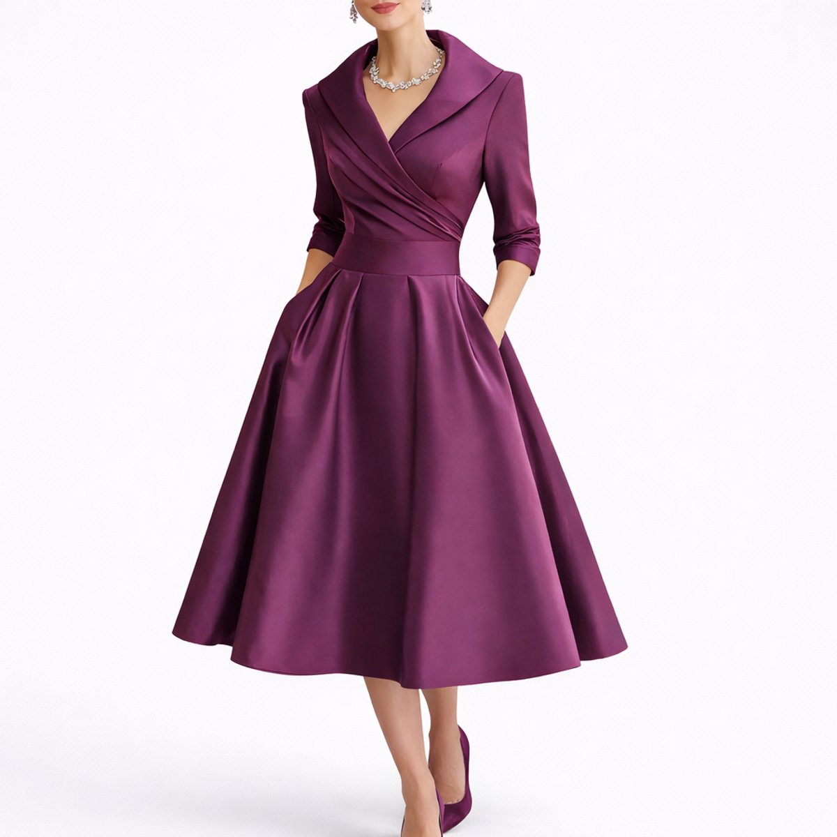Women's Structured A-Line Midi Dress - Fall Wedding Guest - Purple