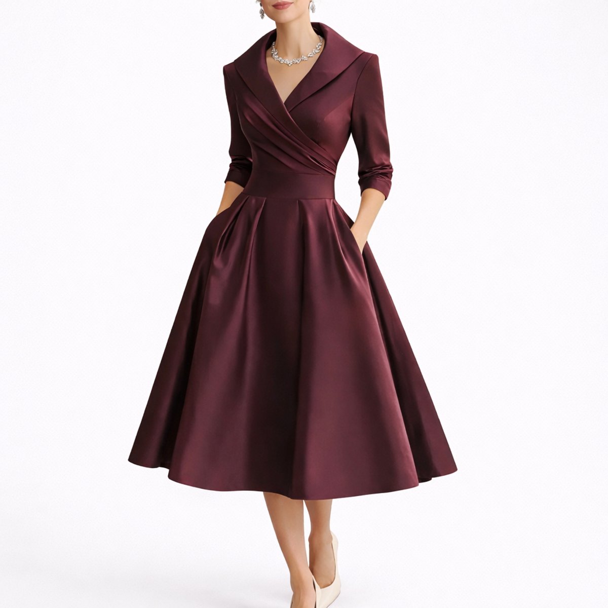 Women's Structured A-Line Midi Dress - Fall Wedding Guest - Red