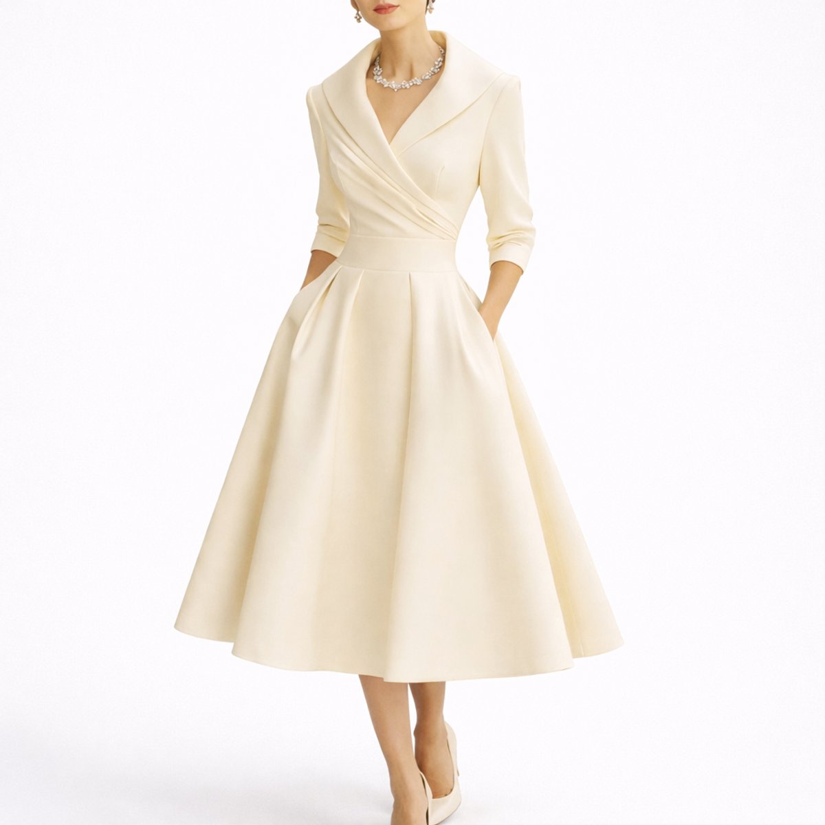 Women's Structured A-Line Midi Dress - Fall Wedding Guest - White