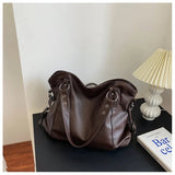 Women's Studded Leather Shoulder Tote Bag - Large Capacity - Brown