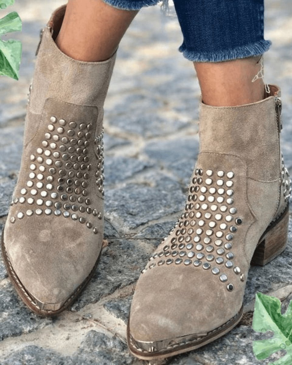Women's Studded Suede Block Heel Ankle Boots - Pointed Toe | Autumn