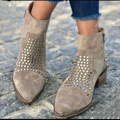 Women's Studded Suede Block Heel Ankle Boots - Pointed Toe | Autumn