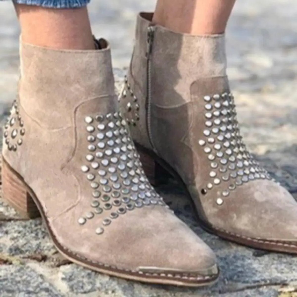 Women's Studded Suede Block Heel Ankle Boots - Pointed Toe | Autumn
