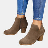 Women's Suede Block Heel Ankle Boots with Side Zip | Autumn - Beige