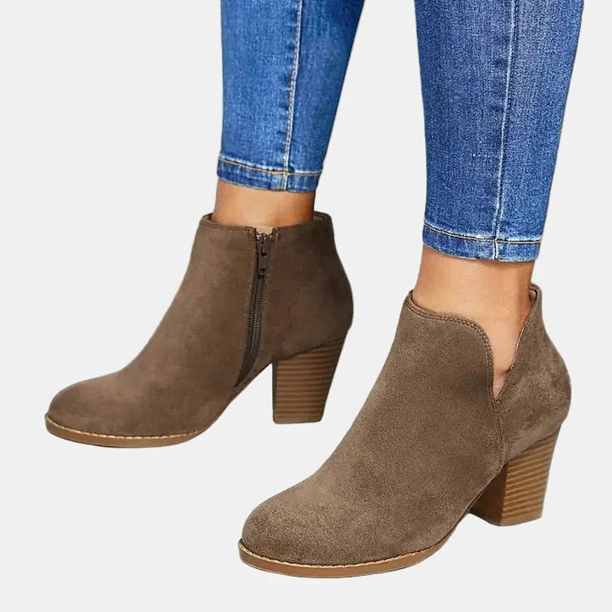 Women's Suede Block Heel Ankle Boots with Side Zip | Autumn - Beige