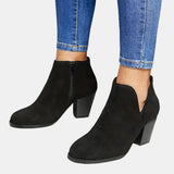Women's Suede Block Heel Ankle Boots with Side Zip | Autumn - Black
