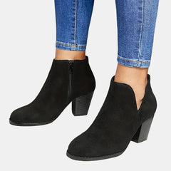 Women's Suede Block Heel Ankle Boots with Side Zip | Autumn - Black