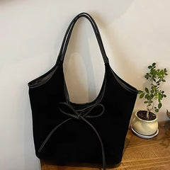 Women's Suede Handbag | Elegant Bow | Autumn - Black