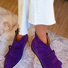 Women's Suede Pointed-Toe Fringe Flat Ankle Boots - Purple | Autumn