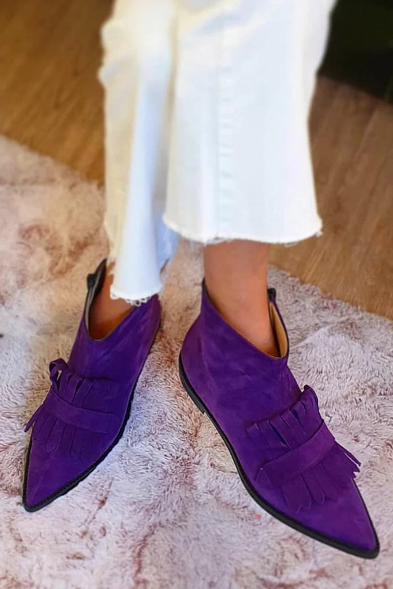 Women's Suede Pointed-Toe Fringe Flat Ankle Boots - Purple | Autumn