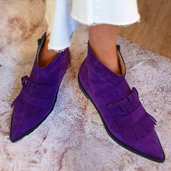 Women's Suede Pointed-Toe Fringe Flat Ankle Boots - Purple | Autumn - Purple