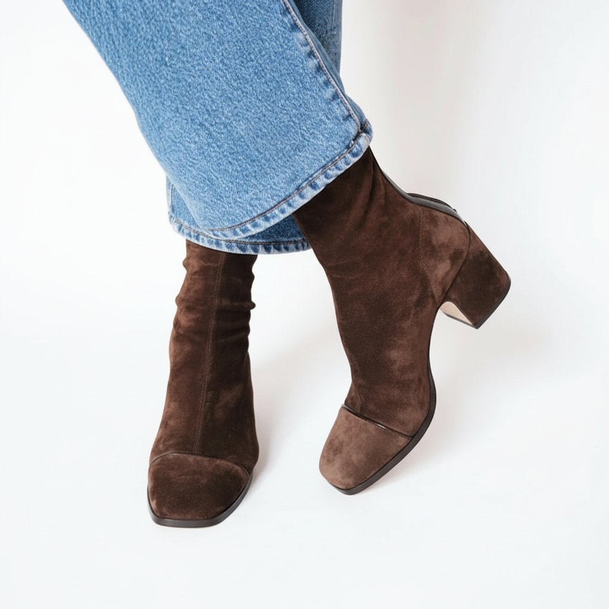 Women's Suede Square-Toe Block-Heel Ankle Boots | Autumn - Dark Brown