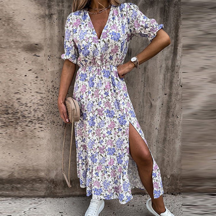 Women's Summer Dress | Floral Print | Button Detail - Purple