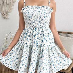 Women's Summer Dress | Spaghetti Straps | Floral - Blue