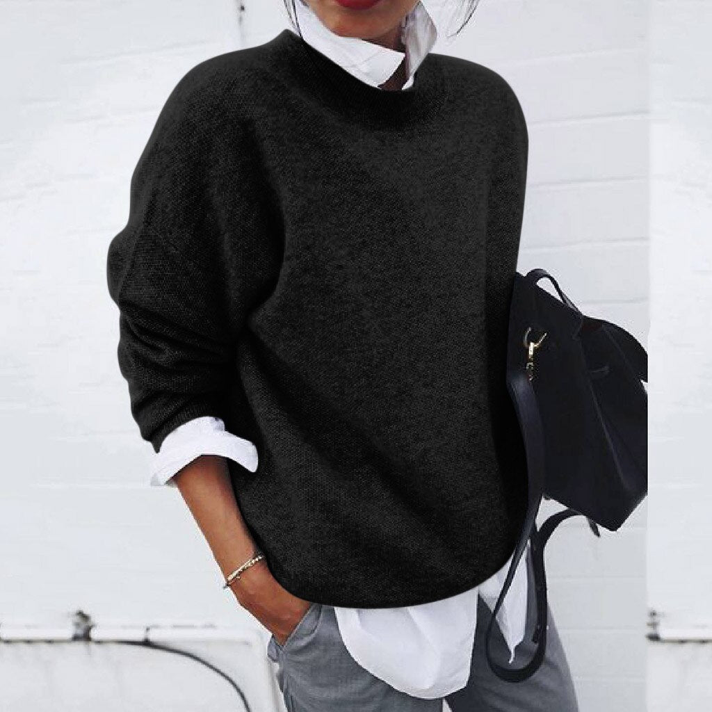 Women's Sweater | Crew Neck | Ribbed Knit | Autumn - Black