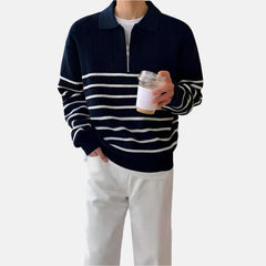 Women's Sweater | Half-Zip | Navy Stripe | Autumn - Navy