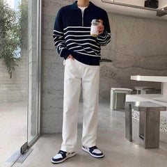 Women's Sweater | Half-Zip | Navy Stripe | Autumn