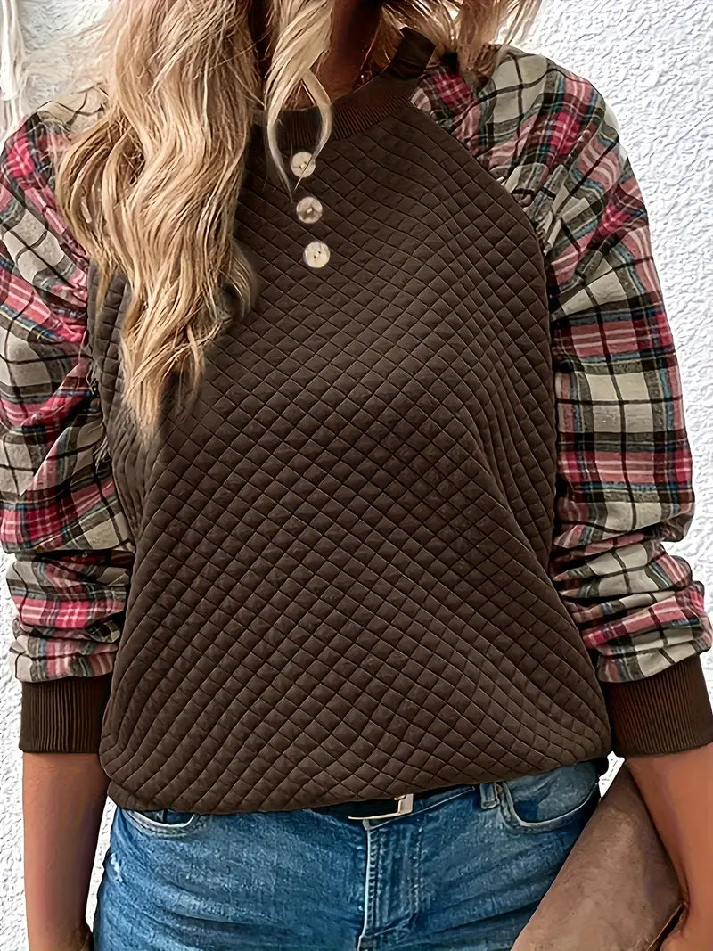 Women's Sweater | Plaid Sleeves | Cozy Knit | Fall - Coffee