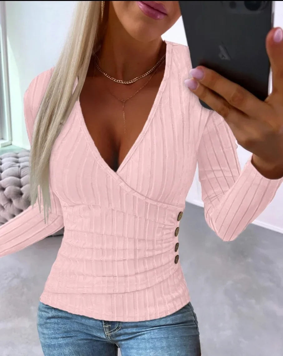 Women's Sweater | V-Neck | Elegant | Autumn - Pink