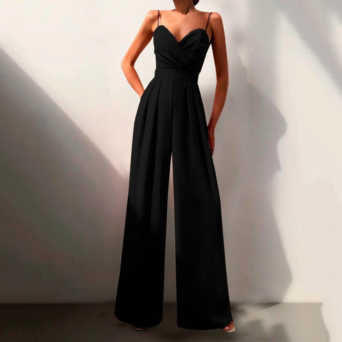 Women's Sweetheart Neck Spaghetti Strap Wide Leg Jumpsuit - Formal - Black