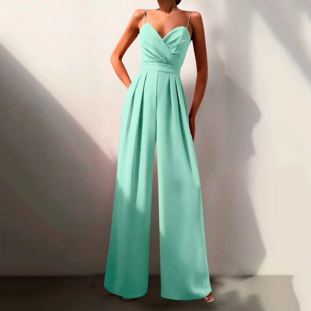 Women's Sweetheart Neck Spaghetti Strap Wide Leg Jumpsuit - Formal - Green