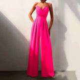 Women's Sweetheart Neck Spaghetti Strap Wide Leg Jumpsuit - Formal - Pink