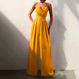 Women's Sweetheart Neck Spaghetti Strap Wide Leg Jumpsuit - Formal - Yellow