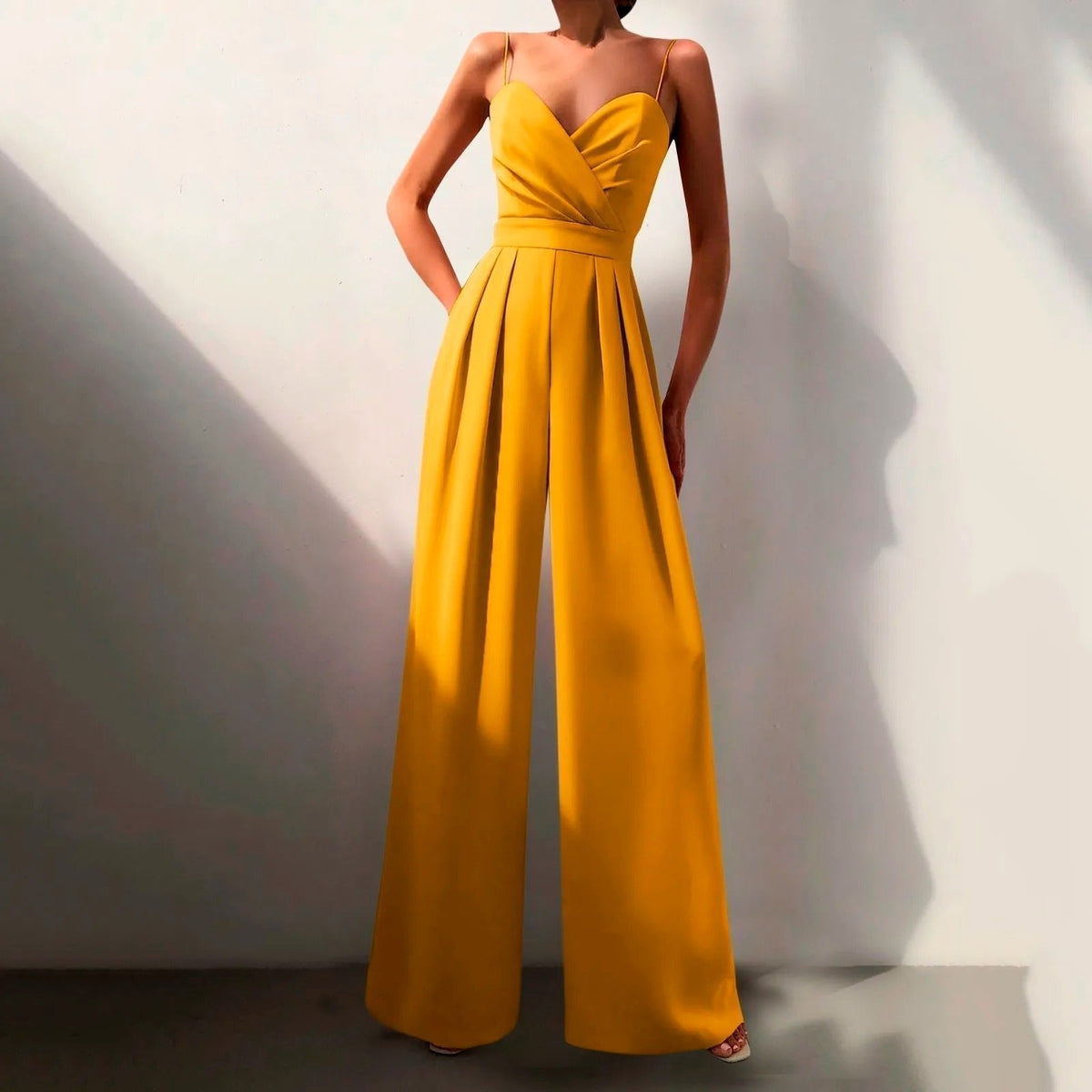 Women's Sweetheart Neck Spaghetti Strap Wide Leg Jumpsuit - Formal - Yellow