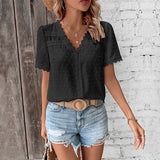 Women's Swiss Dot Lace Trim V-Neck Blouse - Bohemian | Spring - Black