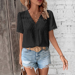 Women's Swiss Dot Lace Trim V-Neck Blouse - Bohemian | Spring - Black