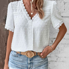 Women's Swiss Dot Lace Trim V-Neck Blouse - Bohemian | Spring