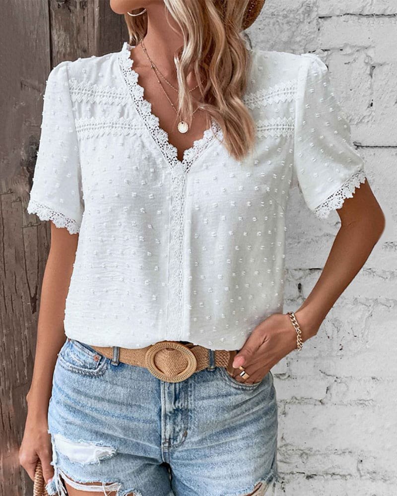 Women's Swiss Dot Lace Trim V-Neck Blouse - Bohemian | Spring