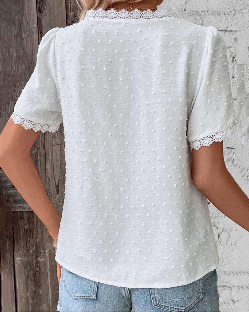 Women's Swiss Dot Lace Trim V-Neck Blouse - Bohemian | Spring