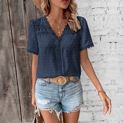 Women's Swiss Dot Lace Trim V-Neck Blouse - Bohemian | Spring - Navy