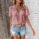 Women's Swiss Dot Lace Trim V-Neck Blouse - Bohemian | Spring - Pink