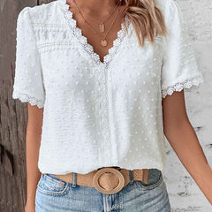 Women's Swiss Dot Lace Trim V-Neck Blouse - Bohemian | Spring - White
