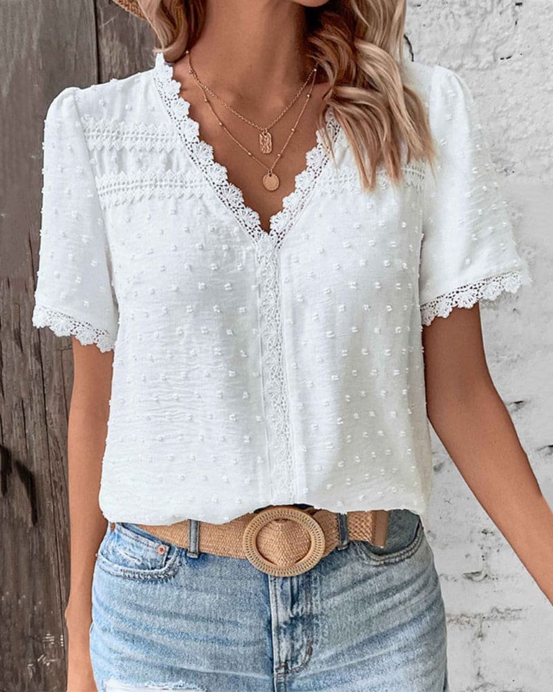 Women's Swiss Dot Lace Trim V-Neck Blouse - Bohemian | Spring - White