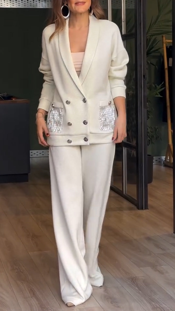 Women's Tailored Blazer Set - Wide Leg Trousers | Autumn - White
