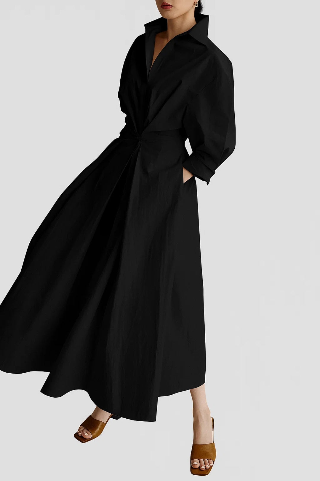 Women's Tailored Midi Dress | Button-Front | Refined | Spring - Black
