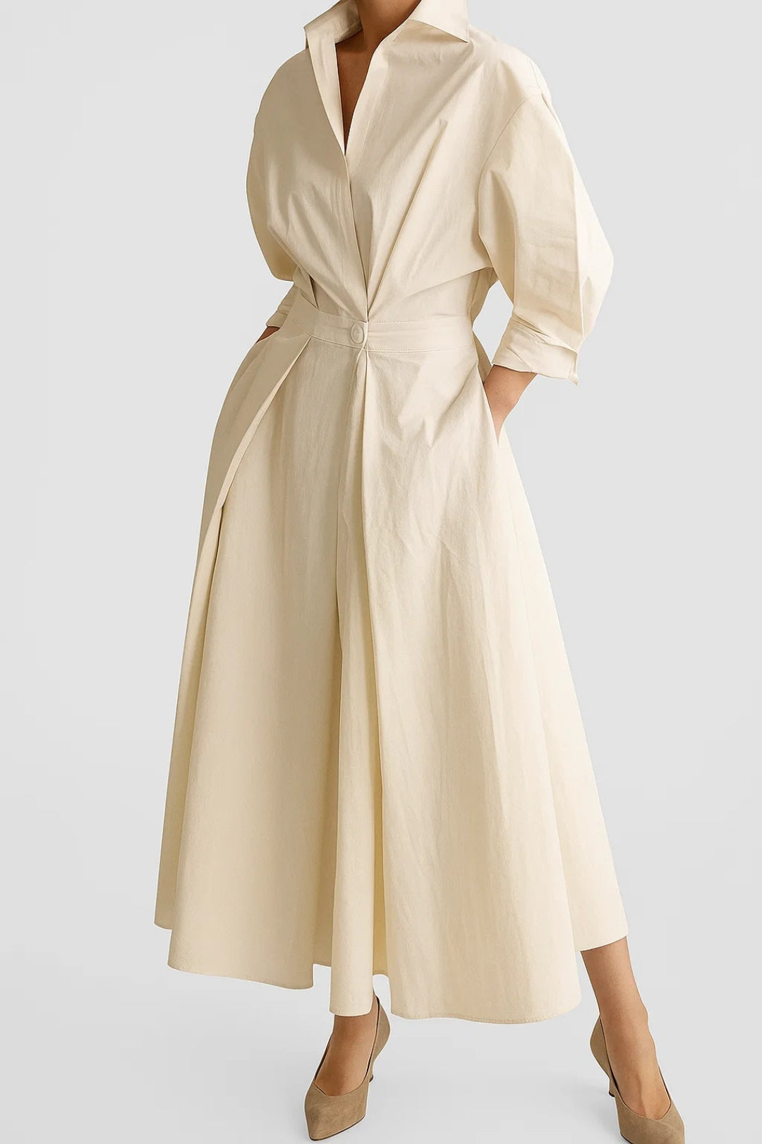 Women's Tailored Midi Dress | Button-Front | Refined | Spring - Cream