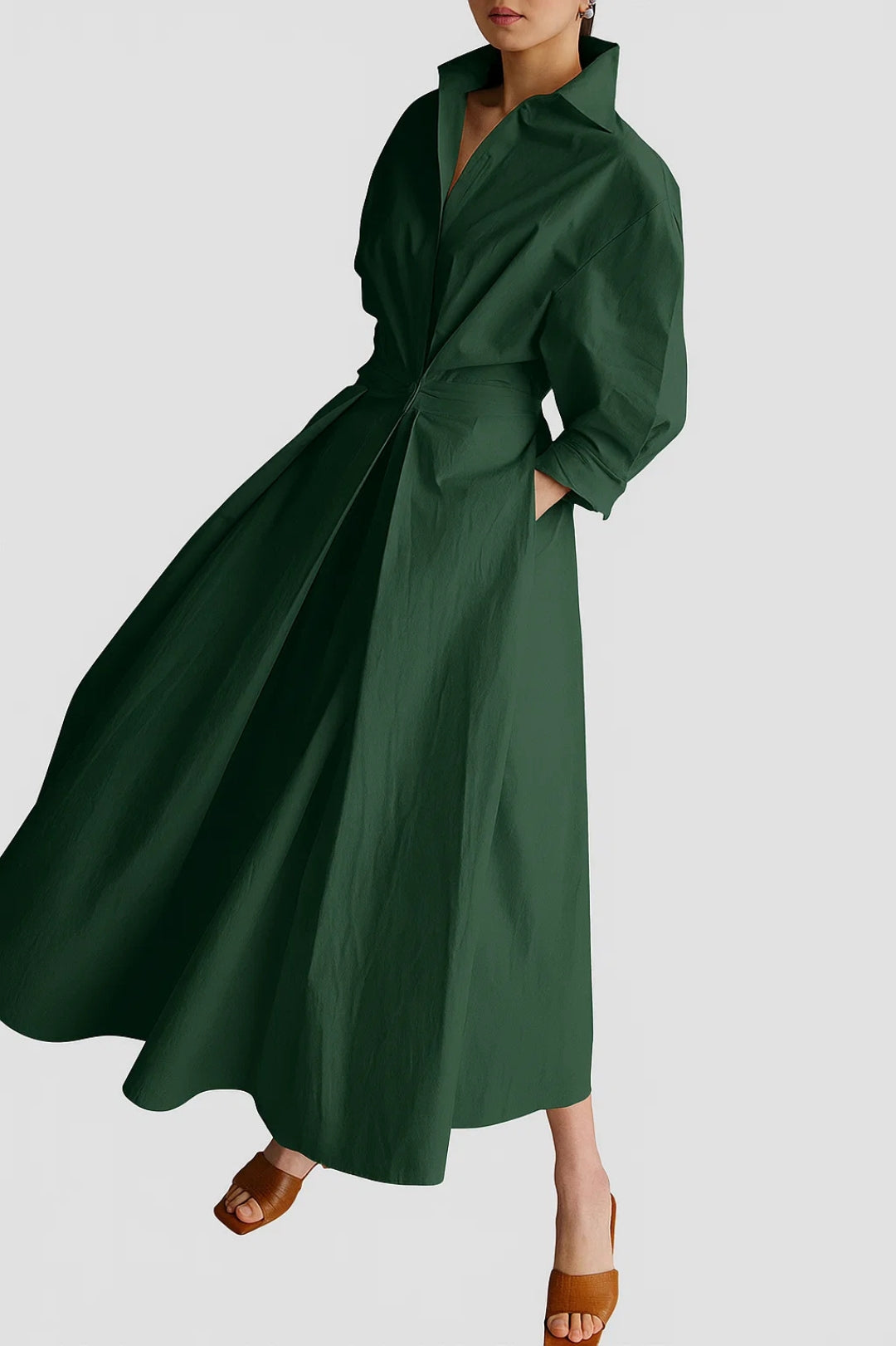 Women's Tailored Midi Dress | Button-Front | Refined | Spring - Forest Green