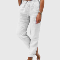 Women's Tailored Pants with Elastic Waistband - Elegant Everyday Fit - White